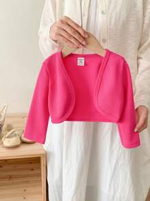 SHEIN 女婴夏季优雅纯色针织弹力开衫轻便外套适合度假和户外 - 玫紅色 - 查看 1