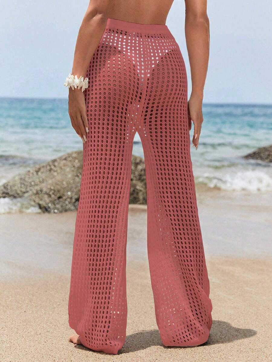 SHEIN Swim 女士休闲镂空设计宽松沙滩装罩衫夏季 - 西瓜粉 - 查看 1
