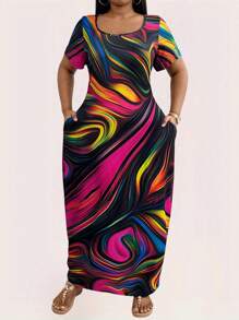 Maweii 大码方领短袖彩色连衣裙，休闲/度假