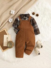SHEIN Vintaside Kids 男婴格子灯芯绒围兜连体衣套装，秋冬款，圣诞节 - 棕色 - 查看 3