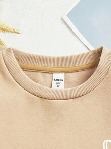 SHEIN Leap Crew Tween Girl Heart Graphic Drop Shoulder Sweatshirt,In Fall/Winter - Khaki - View 3