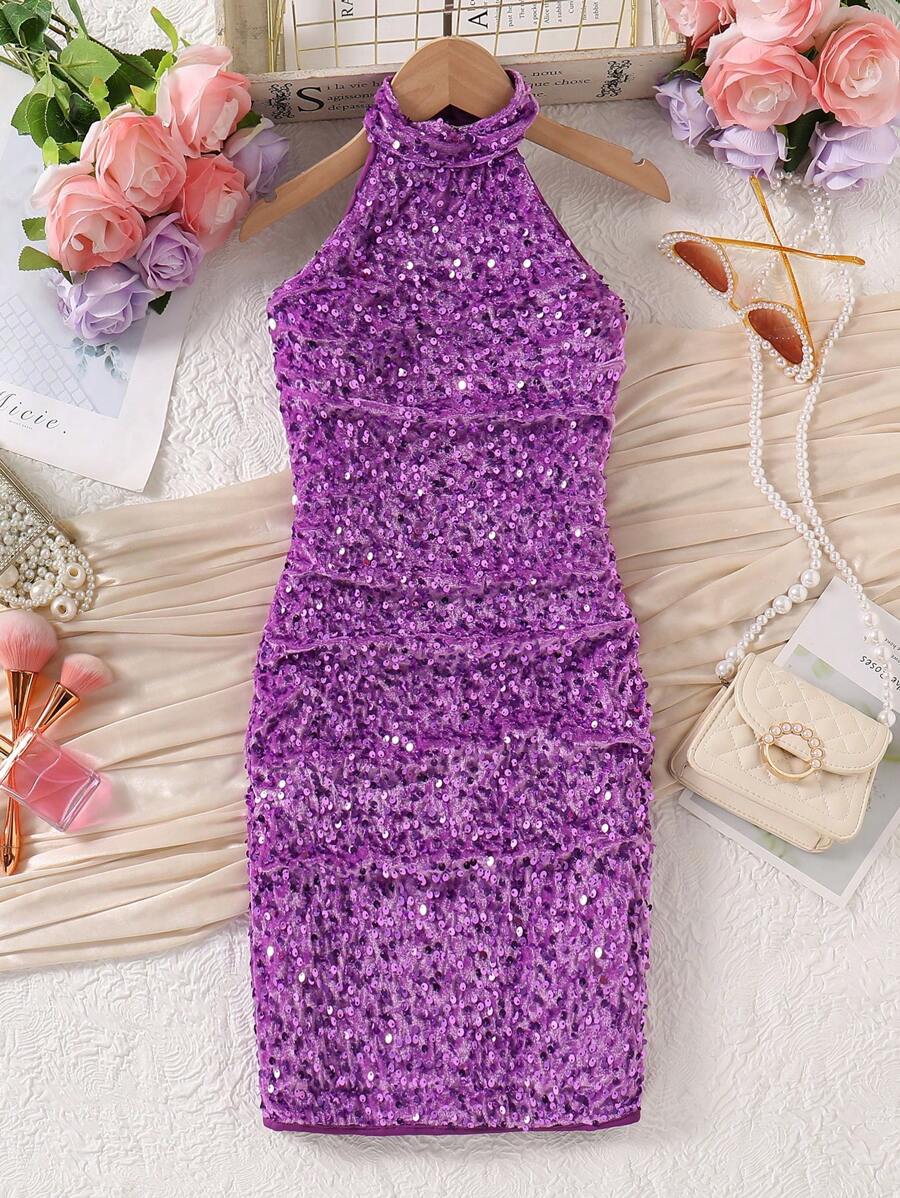 SHEIN Explorewe Tween Girls' Sequin Party Mini Dress - Purple - View 1