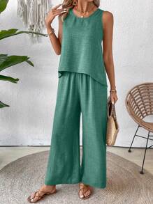 Breezaya 纯色背心和阔腿裤套装，休闲度假装 - 橄欖綠 - 查看 5