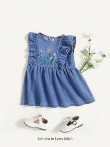 Infant/Toddler Girls' Cute Embroidered Ruffle Shoulder Denim Dress - Light Wash - View 1