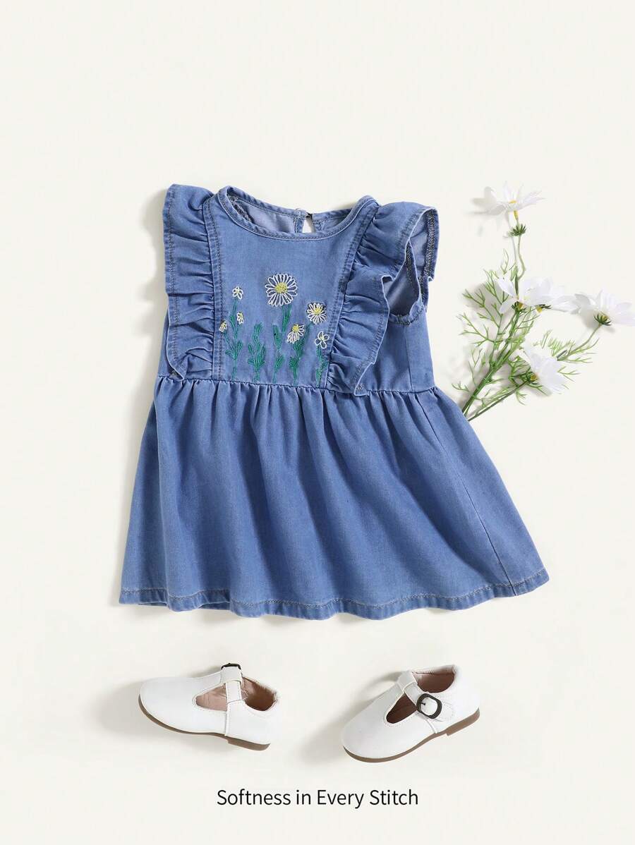 Infant/Toddler Girls' Cute Embroidered Ruffle Shoulder Denim Dress - Light Wash - View 1