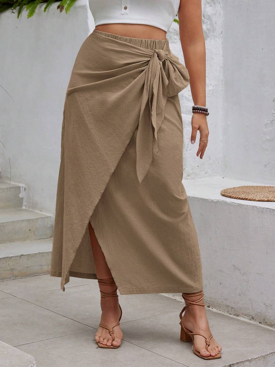 SHEIN VCAY Plus Size Solid Color Minimalist High-Slit Wrap Style ...
