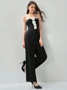 Enchnt 女士拼色 3D 花卉装饰吊带背心简约日常连体裤 - 黑色 - 查看 4