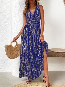 SHEIN Clasi Ladies Allover Print V-Neck Summer Sleeveless Dress - Royal Blue - View 4