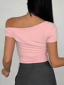 SHEIN EZwear Áo thun trơn màu đơn giản dành cho nữ, mùa hè - Hồng - Xem 2