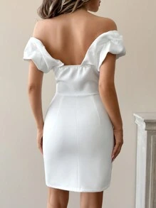 EURMUSE Elegant Dress With 3D Flower Design, Ruffle Hem, Off Shoulder - White - View 2