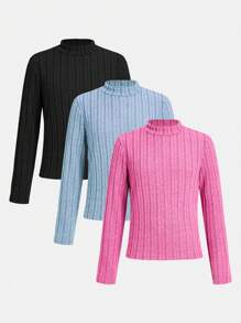 Sparklyn 3pcs Pack Tween Girls' Minimalist Ribbed Knit Turtleneck Long Sleeve Thermal Tops - Multicolor - View 1