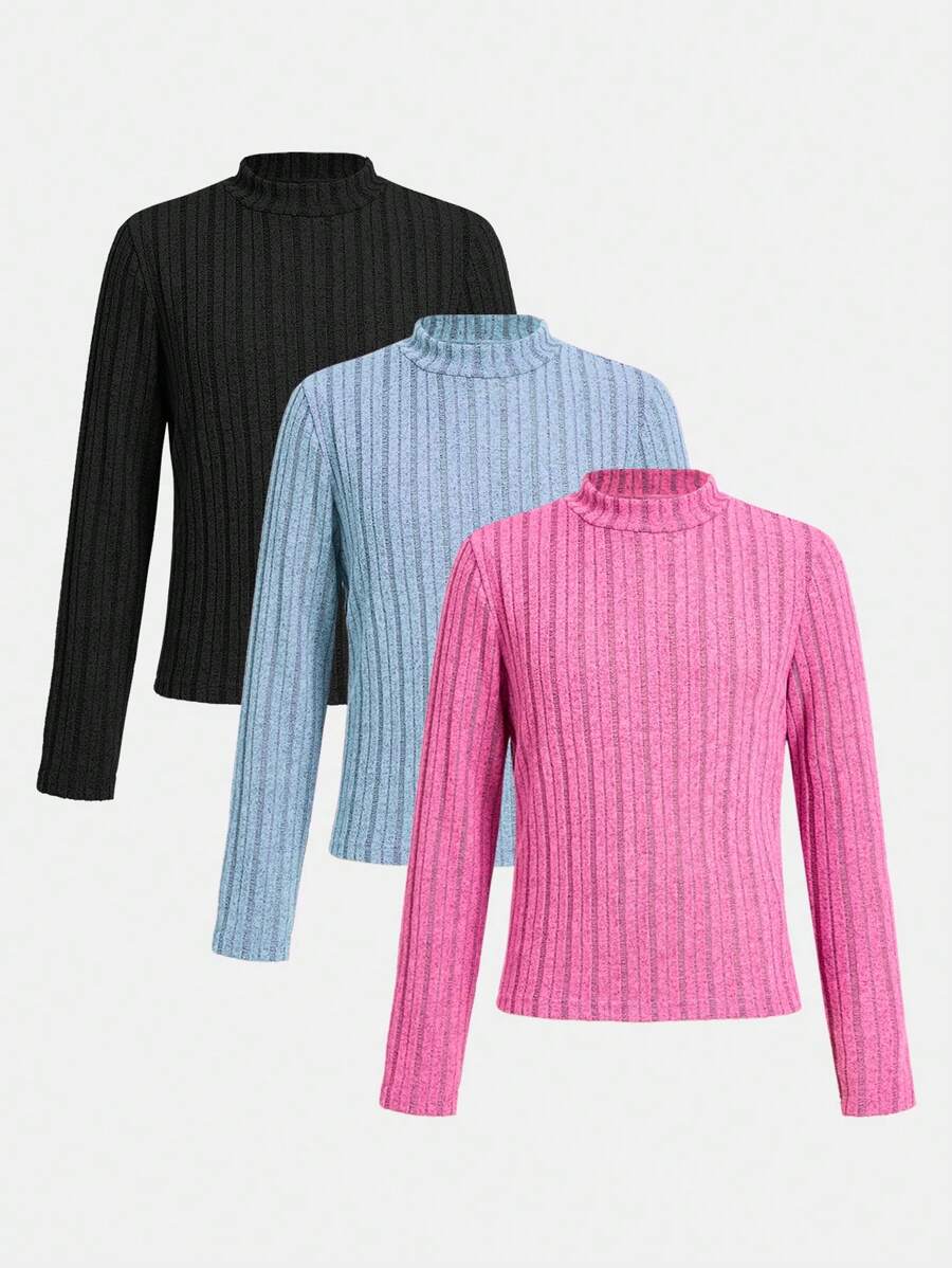 Sparklyn 3pcs Pack Tween Girls' Minimalist Ribbed Knit Turtleneck Long Sleeve Thermal Tops - Multicolor - View 1