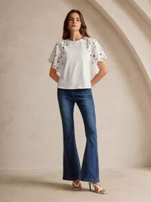 Anewsta Women Crew Neck Solid Color Ruffle Trim Short Sleeve T-Shirt For Summer