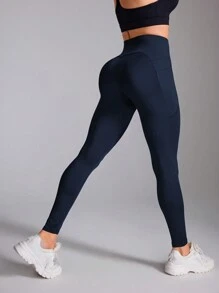 Easithlete 女士纯色简约休闲运动紧身裤瑜伽裤 - 藏蓝色 - 查看 2