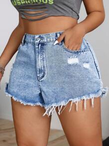 SHEIN ICON Plus Size Distressed Washed Denim Shorts, For Summer - Light Wash - View 1