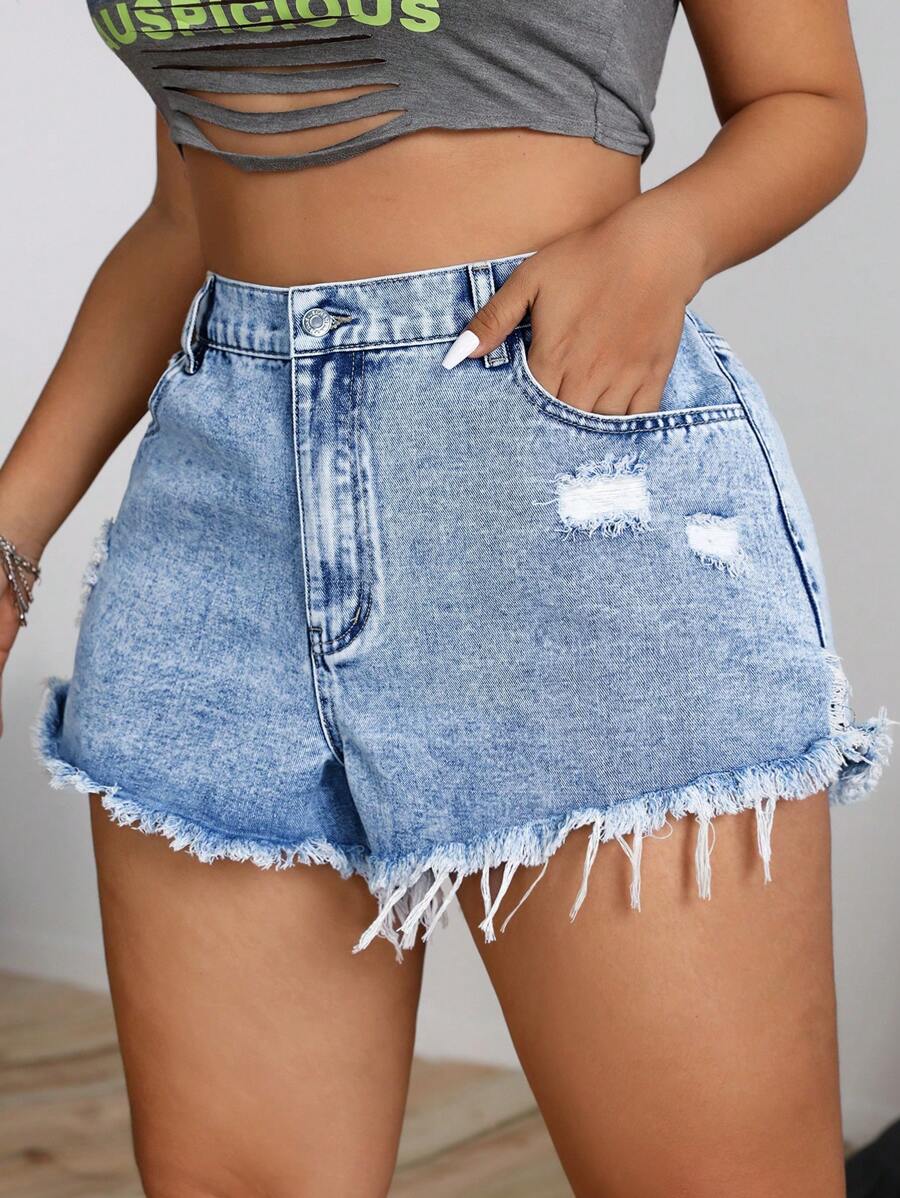 SHEIN ICON Plus Size Distressed Washed Denim Shorts, For Summer - Light Wash - View 1