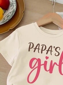 SHEIN Happikins Baby Girl Casual Minimalist Letter Print Short Sleeve Top & Shorts Set, 100% Cotton, Suitable For Summer - Apricot - View 3