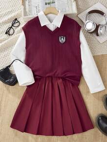 3 peças Conjunto de Colete, Camisa de Manga Longa e Saia Plissada Casual Simples para Escola/Transporte, Passeio de Férias para Meninas - Multicolorido - Visão 7