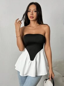 Chiquease Top tubo sin mangas con dobladillo con volantes de color contrastante para mujer