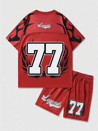 2 pezzi Maglietta a maniche corte stampata con slogan e pantaloncini da uomo, abbigliamento casual per la primavera/estate