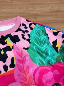 INAWLY Women Leopard & Floral Print Casual Round Neck Long Sleeve Sweatshirt Pullover Fall - Multicolor - View 3