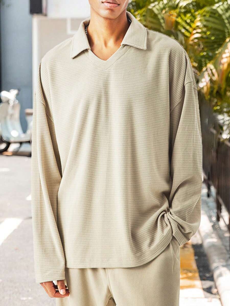 Manfinity Dauomo Men Plain Simple Casual Long Sleeve Polo Shirt