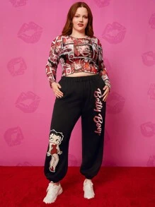 Betty Boop x SHEIN Pantaloni jogging sportivi da donna con grafica di lettere e numeri vintage, stile street sexy Y2K, taglie forti