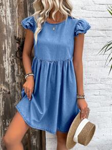 Breezaya Round Neck Pleated Ruffle Hem Minimalist A-Line Mini Dress, Casual Daily Wear - Medium Wash - View 1