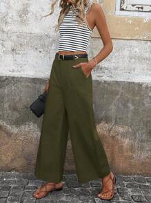 SHEIN LUNE 女款高腰有口袋阔腿白色休闲裤 - 軍綠色 - 查看 5