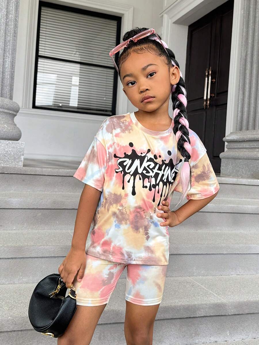 SHEIN Young Girl Tie Dye Letter Graphic Drop Shoulder Tee & Biker Shorts