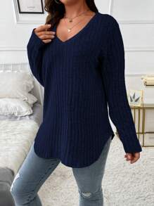 Plus Size Plain V-Neck Ribbed Long Sleeve T-Shirt Fall Cloth For Women - Navy Blue - View 5