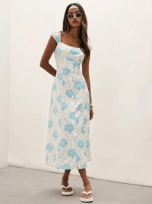 COSMINA Vestido con estampado de flores y pata de gallo para vacaciones de mujer