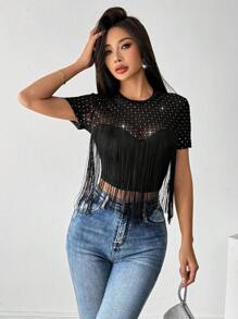 SHEIN Privé Top corto sexy con brillos y flecos para mujer