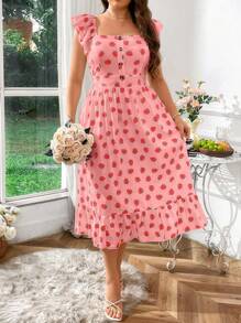 SHEIN SunnyBelle Plus Size Square Neck Ruffle Sleeve Strawberry Print Casual Dress - Multicolor - View 4