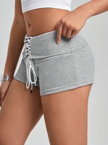 Easithlete Design cu șnur pentru damă, culoare uni, pantaloni scurți sport simpli și casual - Gri - Vizualizare 6