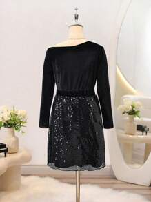 2 件装 Tween 女童亮片缀饰中长裙和天鹅绒花朵长袖上衣优雅派对装 - 黑色 - 查看 2