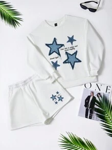 Slaydiva 2 件套女士简约五角星印花圆领宽松运动服，适合春秋季节 - 白色 - 查看 2