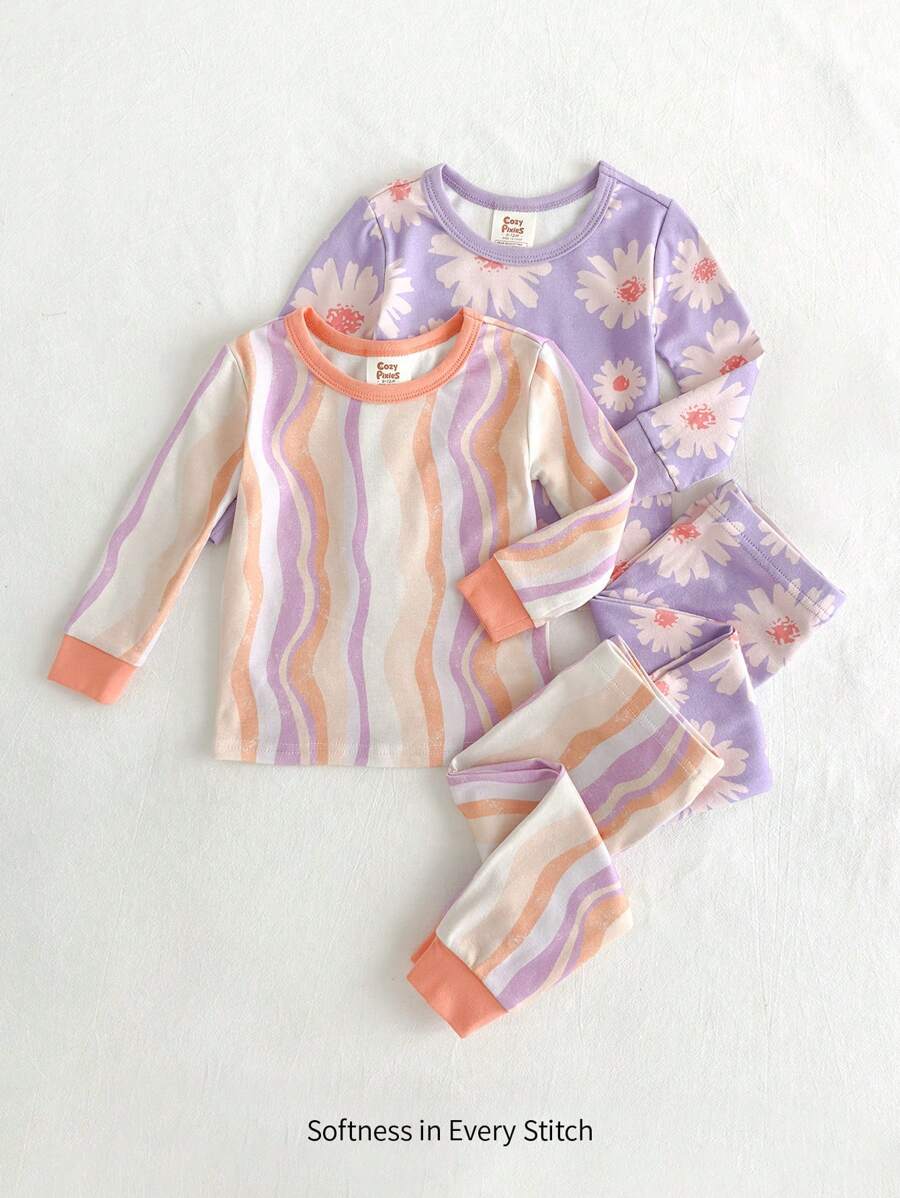 Cozy Pixies 4pcs Baby Girl Ditsy Floral Knit Soft Crew Neck Short Sleeve Top And Pants Snug Fit Pajama Set - Purple - View 1