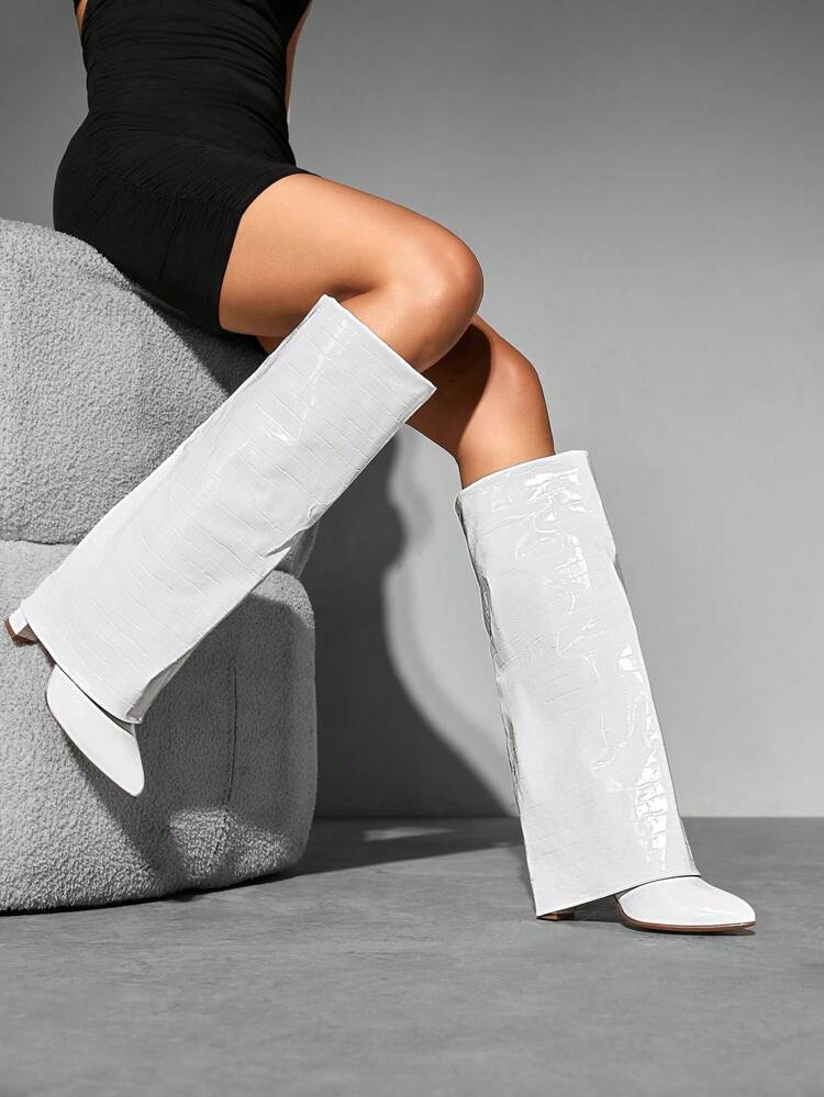 CUCCOO SZL Women's Fashion White Stone Pattern Wide Leg Over-The-Knee High Heeled Boots Disco Party Night Out Baddie Spring Shoes Spring Break Easter For Christmas