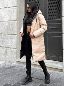 SHEIN Tall Abrigo acolchado con capucha y cremallera para mujer, para mujeres altas - Negro - Ver 3