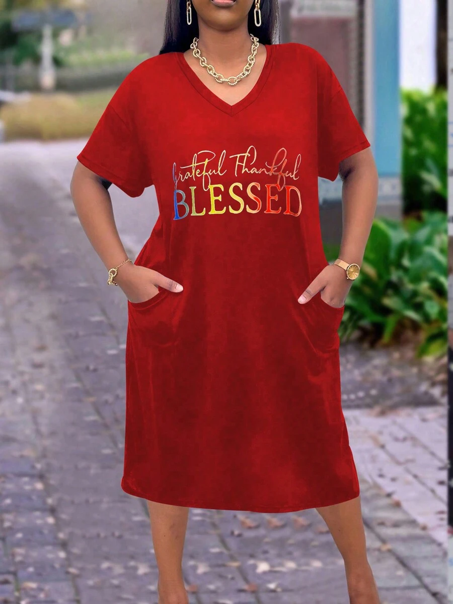 Maweii 夏季大码短袖休闲印花连衣裙 - 紅色 - 查看 1