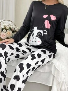 SHEIN 可爱奶牛爱心印花两件套女士睡衣套装，秋冬服装 - 彩色 - 查看 1