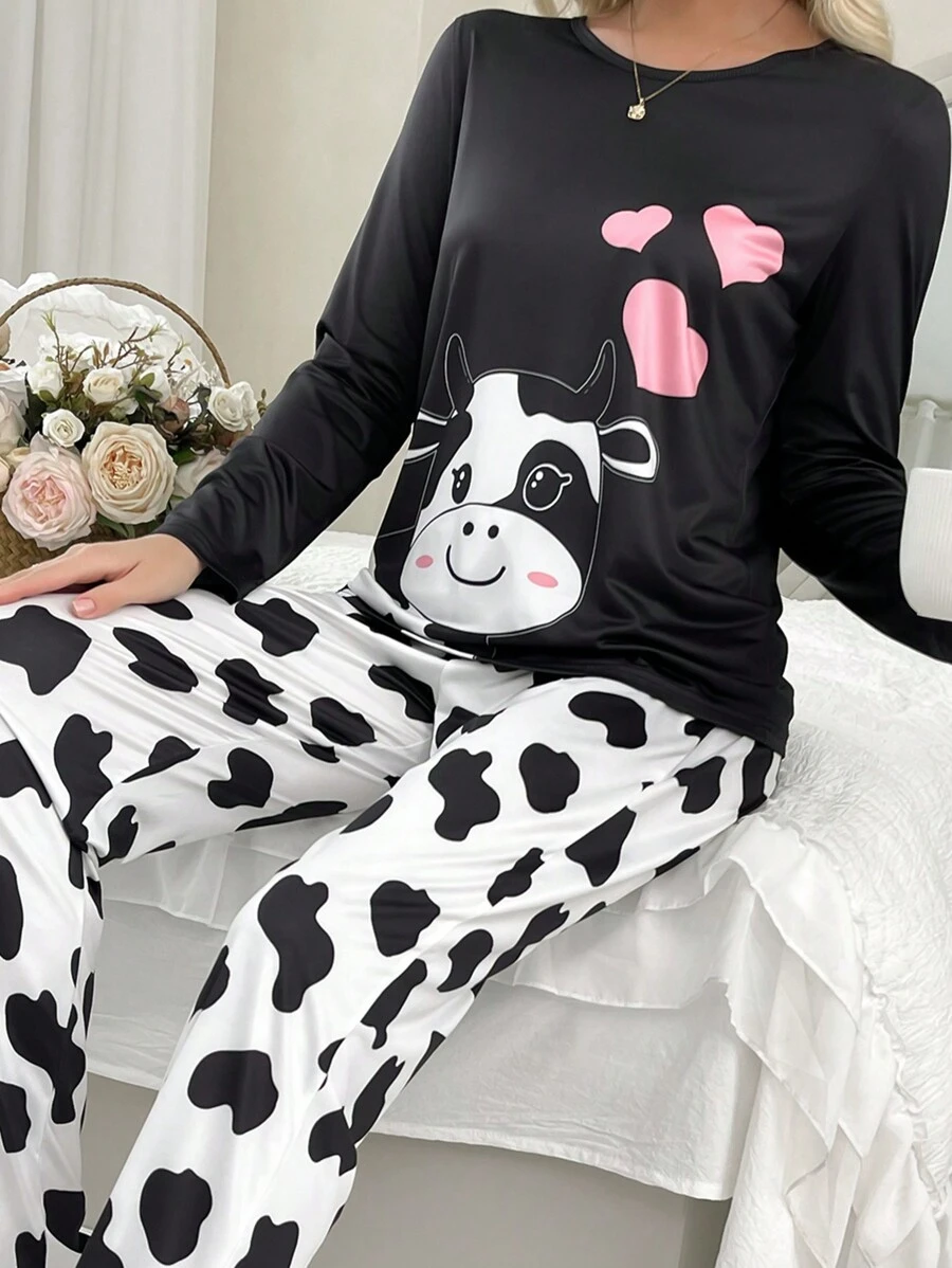 SHEIN 可爱奶牛爱心印花两件套女士睡衣套装，秋冬服装 - 彩色 - 查看 1