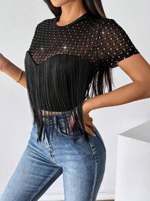 SHEIN Privé Top corto sexy con brillos y flecos para mujer