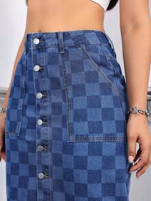 Women's Laser Engraved Checkerboard Design Casual Button Denim Skirt