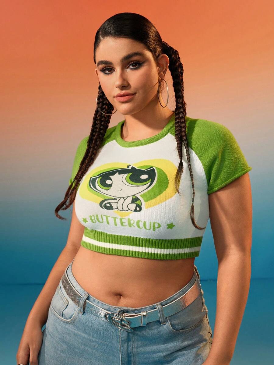 THE POWERPUFF GIRLS X SHEIN Plus Size Women's White Tight Fit Splice Sleeve Colorblock Striped Heart Graphic Sweater - Green - View 1