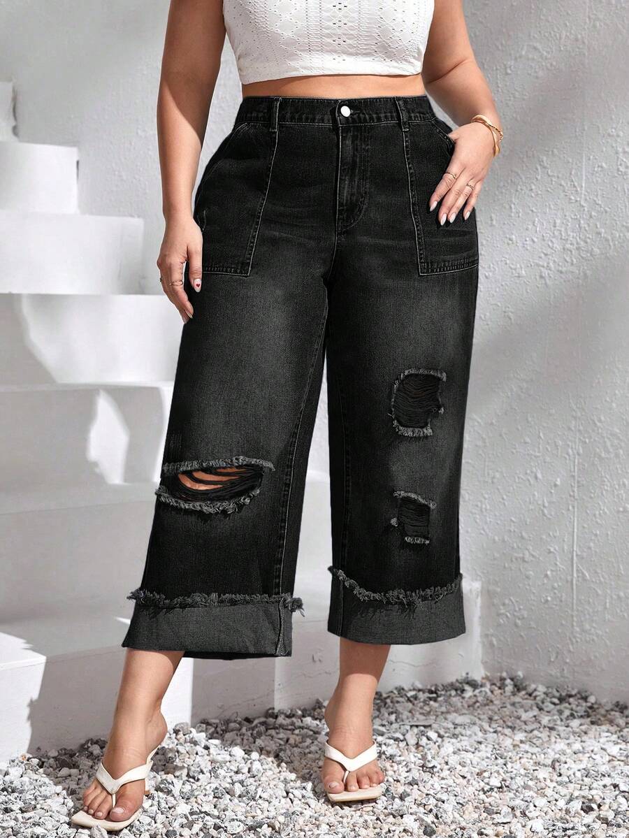 SHEIN Frenchy Cộng với kích thước đau khổ sờn Hem còng quần jean denim thông thường hàng ngày - màu đen - Xem 1