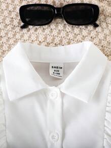 Baby Girl's White Ruffle Front Long Sleeve Blouse And Black Asymmetric Hem Shorts Set, Elegant Fashion Outfit For Spring/Fall