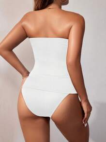 SHEIN Swim Women's Beach Vacation Wave Striped Woven Bandeau Casual Tankini Swimwear Set Summer - White - View 2