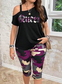 SHEIN LUNE 2 件套迷彩字母标语镂空细肩带上衣和紧身裤套装，加大码，适合夏季 - 中紫紅色 - 查看 1